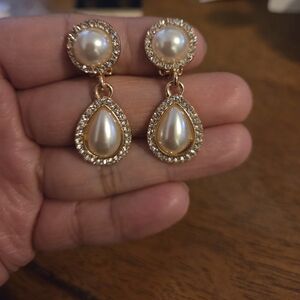 Gold-Tone Pearl Drop Earrings with Crystal Halo - Women Jewelry